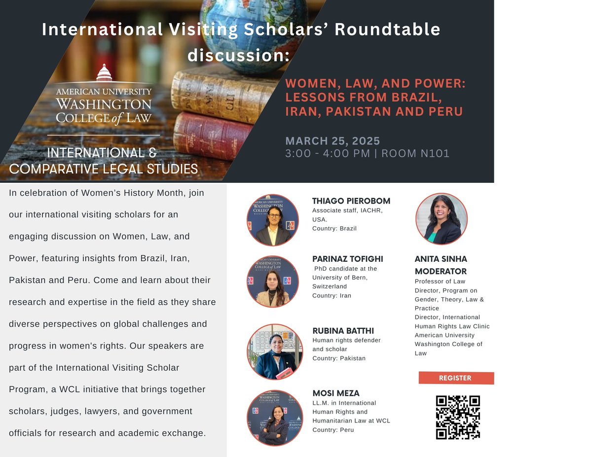Join us for Women, Law, and Power: Lessons from Brazil, Iran, Pakistan, and Peru—a dynamic panel exploring the legal and political landscapes shaping women's rights across these nations.

📅 Tuesday, March 25, 2025
⏰ 3:00–4:00 PM
📍 N101