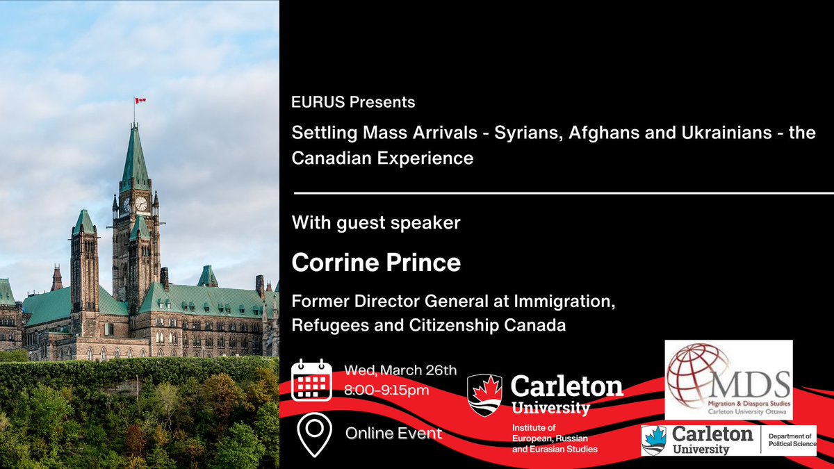 Register for our online event on Wednesday, March 26th, 8:00-9:15PM: “Settling Mass Arrivals – Syrians, Afghans and Ukrainians – the Canadian Experience” with guest speaker Corinne Prince. Sign up here: carleton.ca/eurus/cu-event…