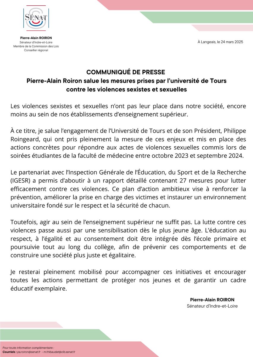 paroiron37's tweet image. 🔴 COMMUNIQUÉ
Les violences sexistes et sexuelles n’ont pas leur place dans l’enseignement supérieur. Je salue l’action de l’Université de #Tours et de son Président Philippe Roingeard, qui mettent en œuvre 27 mesures avec l’IGESR pour y répondre. ⬇️