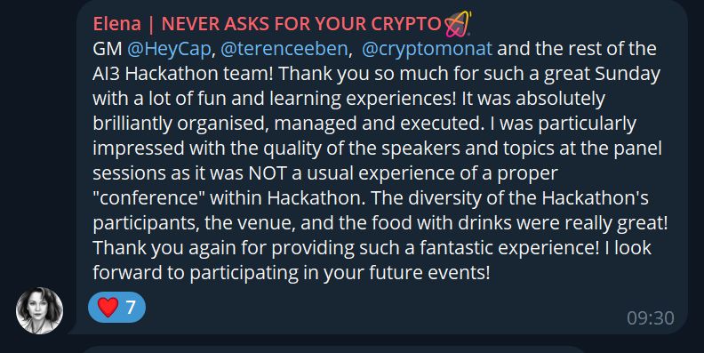 Awesome experience yesterday, and hearing feedback like this makes it all so much more special!

Wanted to share a big shoutout to <a href="/CryptoMonaT/">Mona T</a> <a href="/femalefuturist1/">femalefuturist.eth</a> <a href="/Damianw83131081/">Never Fade Earth</a> for organising, <a href="/bill_papas_12/">Bill</a> <a href="/Kenkdoteth/">KenK</a> for judging, and our <a href="/SuperteamUK/">Superteam UK</a> members for supporting👏