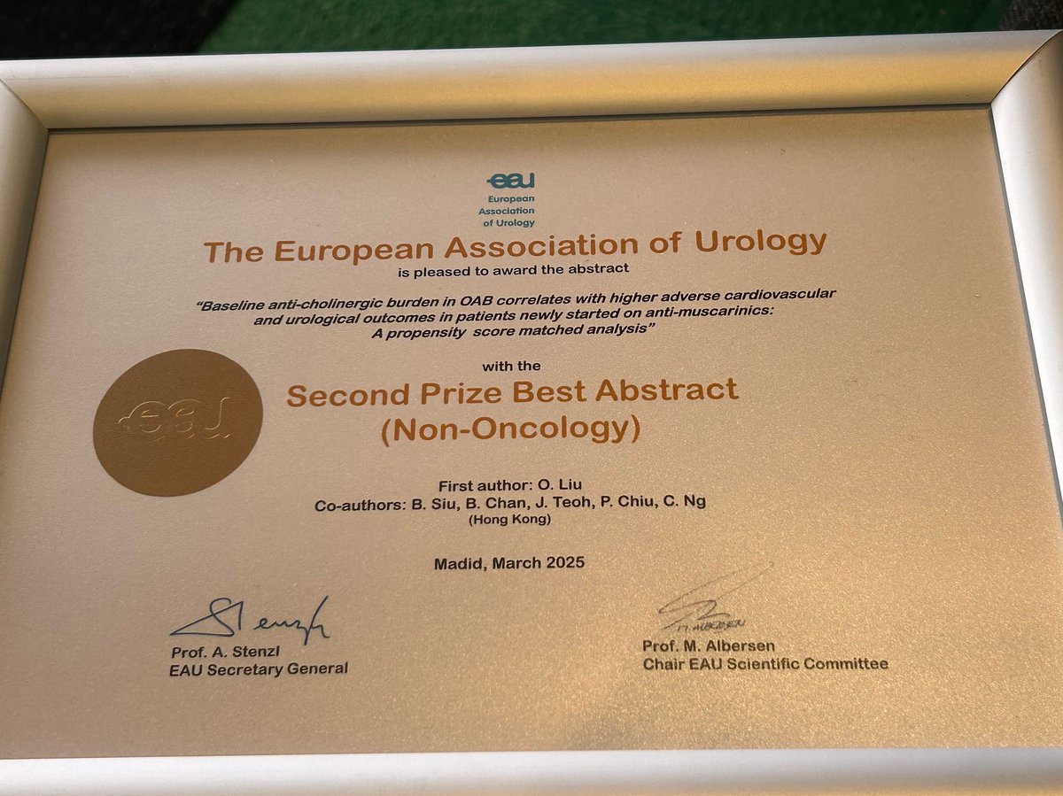 Alex Q Liu (@alexeiliu) on Twitter photo What an honour! Our work on anti-cholinergic burden in OAB patients and its associated CVS risk won Second Prize Best Abstract (Non-Oncology) at #EAU25!
A big thank you to my supervisors for the support!
<a href="/Uroweb/">European Association of Urology (EAU)</a> <a href="/CUHKMedicine/">CUHK Medicine</a> #UroSoMe What an honour! Our work on anti-cholinergic burden in OAB patients and its associated CVS risk won Second Prize Best Abstract (Non-Oncology) at #EAU25!
A big thank you to my supervisors for the support!
<a href="/Uroweb/">European Association of Urology (EAU)</a> <a href="/CUHKMedicine/">CUHK Medicine</a> #UroSoMe