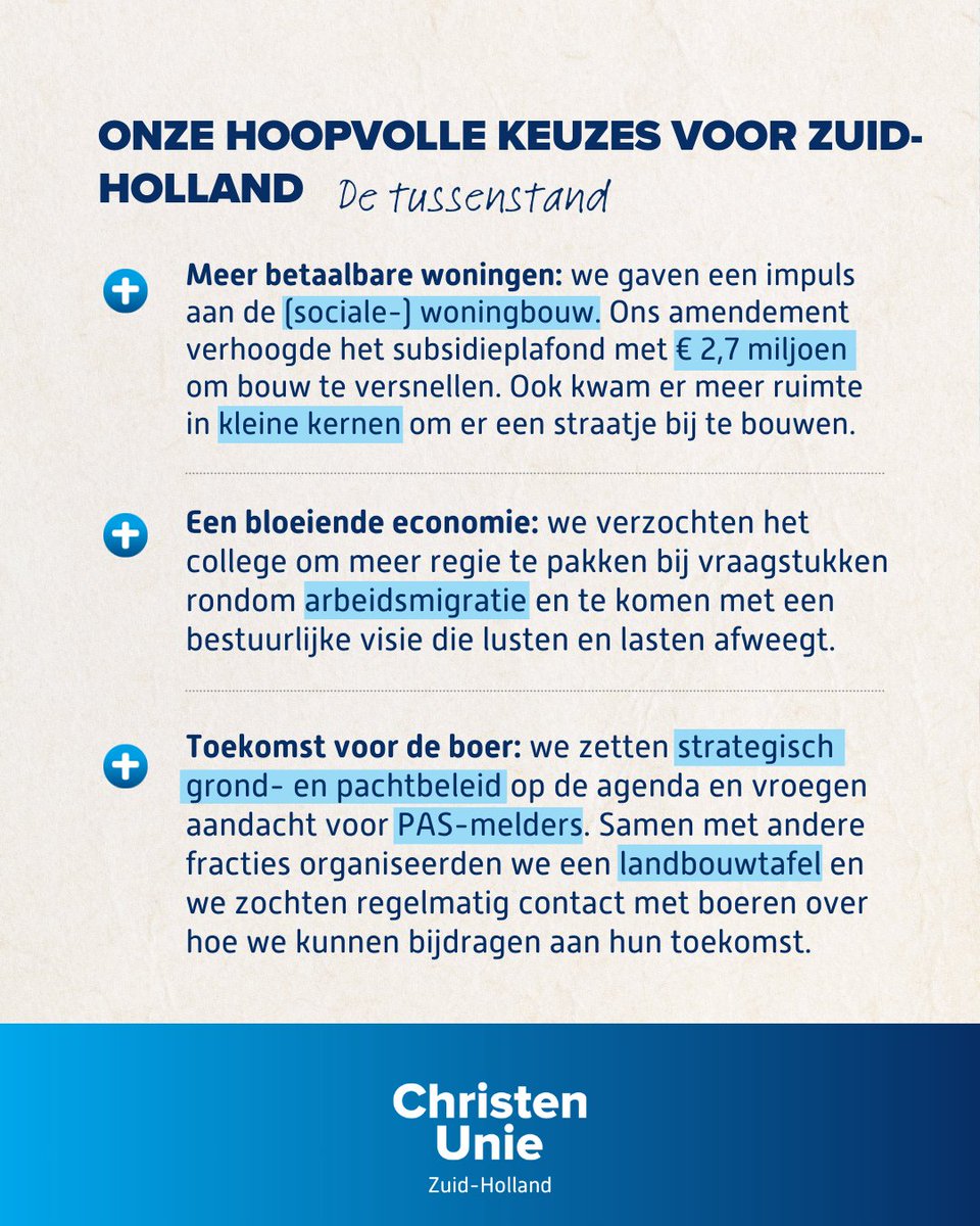 Ook hielden we ons bezig met woningbouw, economie en landbouw. We zetten ons in voor betaalbare woningen, grip op arbeidsmigratie en de toekomst van de boer in Zuid-Holland. 

Vandaag zetten we deze resultaten op een rij. (2/3)
