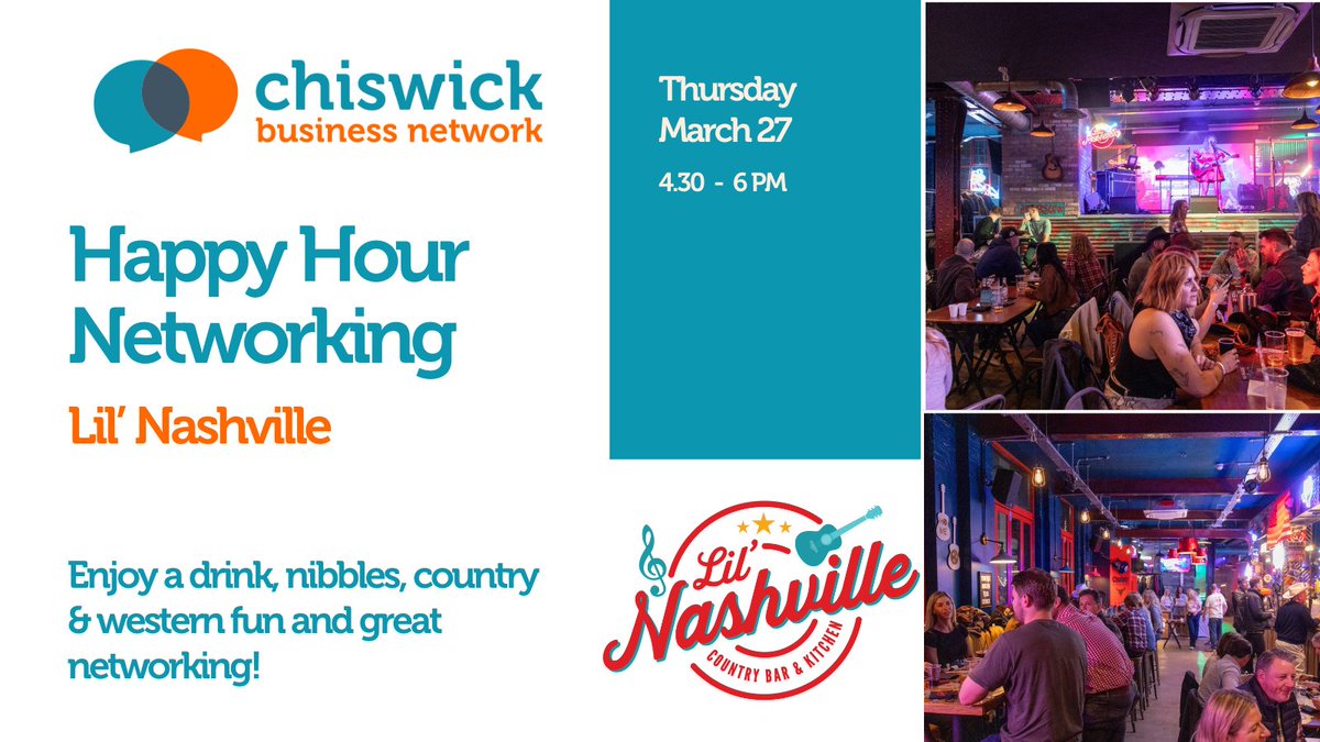 Last call 4 this Thurs 27 Mar Happy Hour Networking @ Lil’ Nashville, the brand-new honky-tonk bar &amp; restaurant in the heart of Chiswick.  

Tkt incls drink, light nibbles, live music, Southern hospitality &amp; great networking. 
All local biz welcome meetup.com/chiswick-busin…