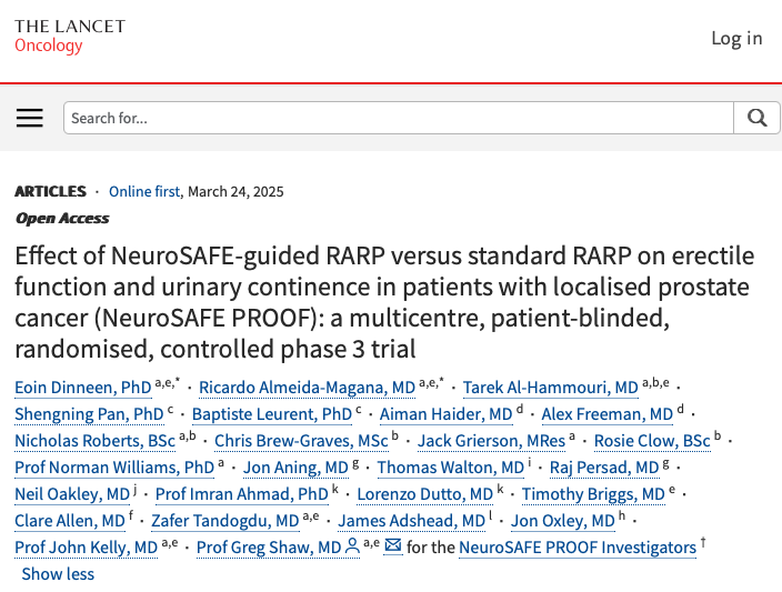 Effect of NeuroSAFE-guided RARP versus standard RARP on erectile function and urinary continence in patients with localised prostate cancer (NeuroSAFE PROOF out on Lancet Oncology

thelancet.com/journals/lanon…

The NeuroSAFE PROOF trial evaluated the impact of NeuroSAFE-guided