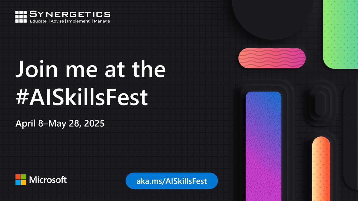 Synergetics Learning & Cloud Consulting (@synergetics1) on Twitter photo Don't miss the Microsoft #AISkillsFest, April 8βMay 28. Get ready for deep dives, experiential content, hackathons, and more. Register today: aka.ms/AISkillsFest_pβ¦
<a href="/MicrosoftLearn/">Microsoft Learn</a> Don't miss the Microsoft #AISkillsFest, April 8βMay 28. Get ready for deep dives, experiential content, hackathons, and more. Register today: aka.ms/AISkillsFest_pβ¦
<a href="/MicrosoftLearn/">Microsoft Learn</a>