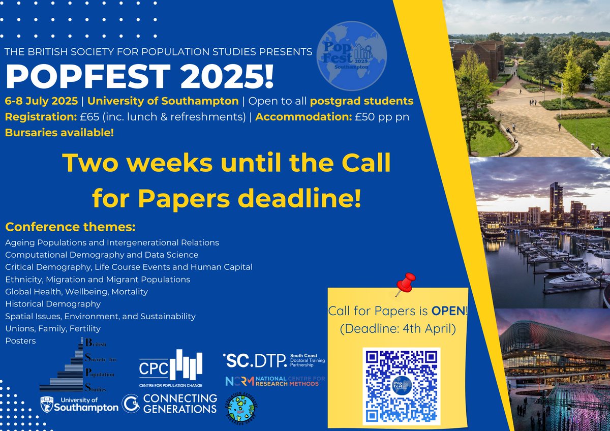 ⏰ Hey #poptwitter #postgraduate students - only TWO WEEKS left to submit your abstracts on all things #demography, #migration, #health, #data and #population for #PopFest2025.

Head to the info page for more about the research strands and to submit:
cpc.ac.uk/activities/pop…