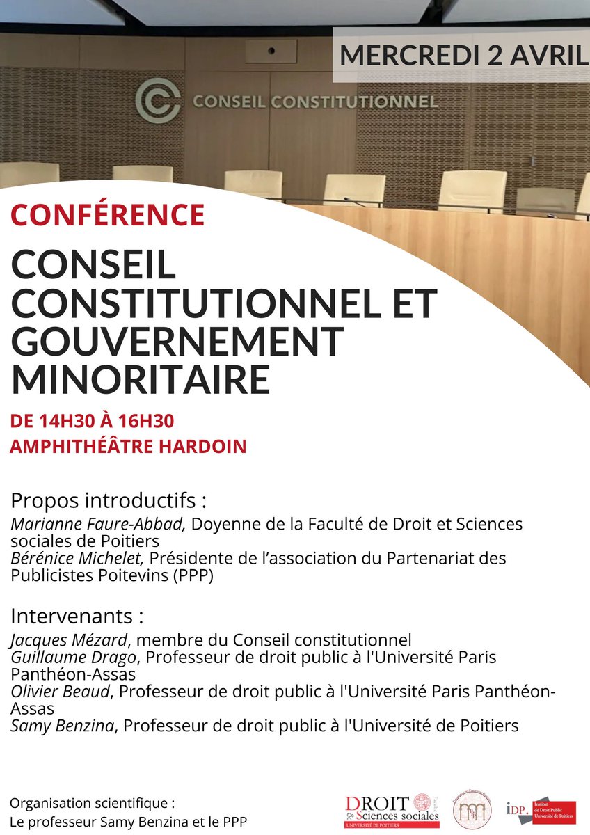 Partenariat des Publicistes Poitevins (@assoppp_) on Twitter photo La semaine prochaine, le PPP et l'IDP accueilleront Monsieur Jacques Mézard, ancien ministre et actuel membre du Conseil constitutionnel, ainsi que Messieurs les Professeurs Olivier Beaud et Guillaume Drago ! Venez nombreux !
Inscription à l'adresse suivante : ppp86000@gmail.com La semaine prochaine, le PPP et l'IDP accueilleront Monsieur Jacques Mézard, ancien ministre et actuel membre du Conseil constitutionnel, ainsi que Messieurs les Professeurs Olivier Beaud et Guillaume Drago ! Venez nombreux !
Inscription à l'adresse suivante : ppp86000@gmail.com