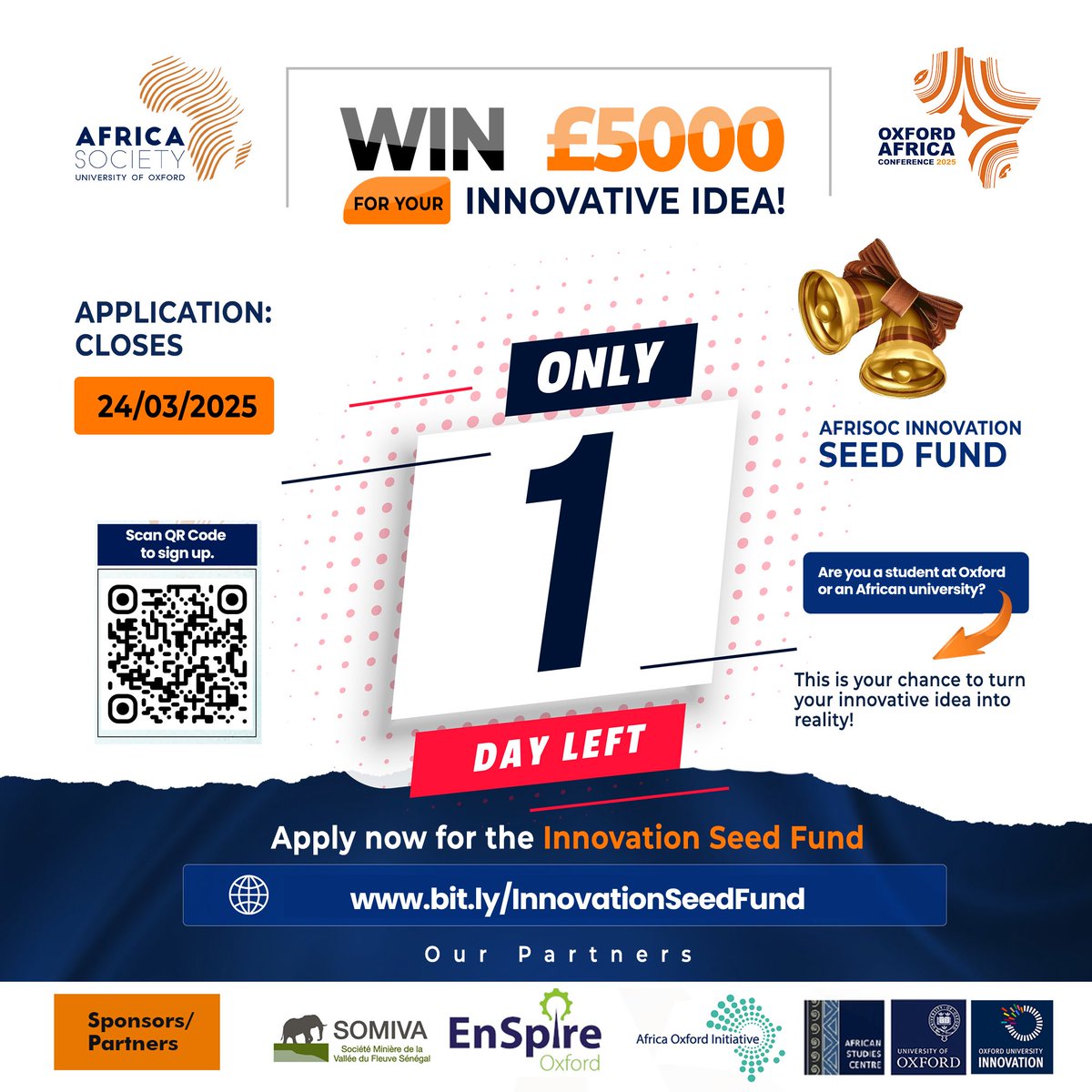 Final call!
Applications close at midnight tonight (24th March)!

Don’t miss the opportunity to win one of three £5,000 grants to support your NGO, student led research or social enterprise!

Submit your application now 👉🏿 bit.ly/OxAfricaSeedFu…