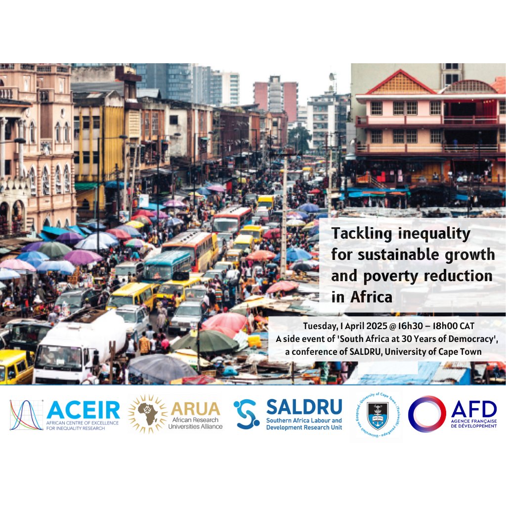 🪘 Registration deadline today❗️

Join us for a policy dialogue on how efforts to close the inequality gaps can assist sustainable growth &amp; poverty reduction in Africa - with <a href="/AFD_en/">AFD_en 🇫🇷 🇪🇺</a>

Followed by <a href="/SALDRU1/">SALDRU</a> conference on SA democracy @ 30 years 

✍️ bit.ly/41VqvvF