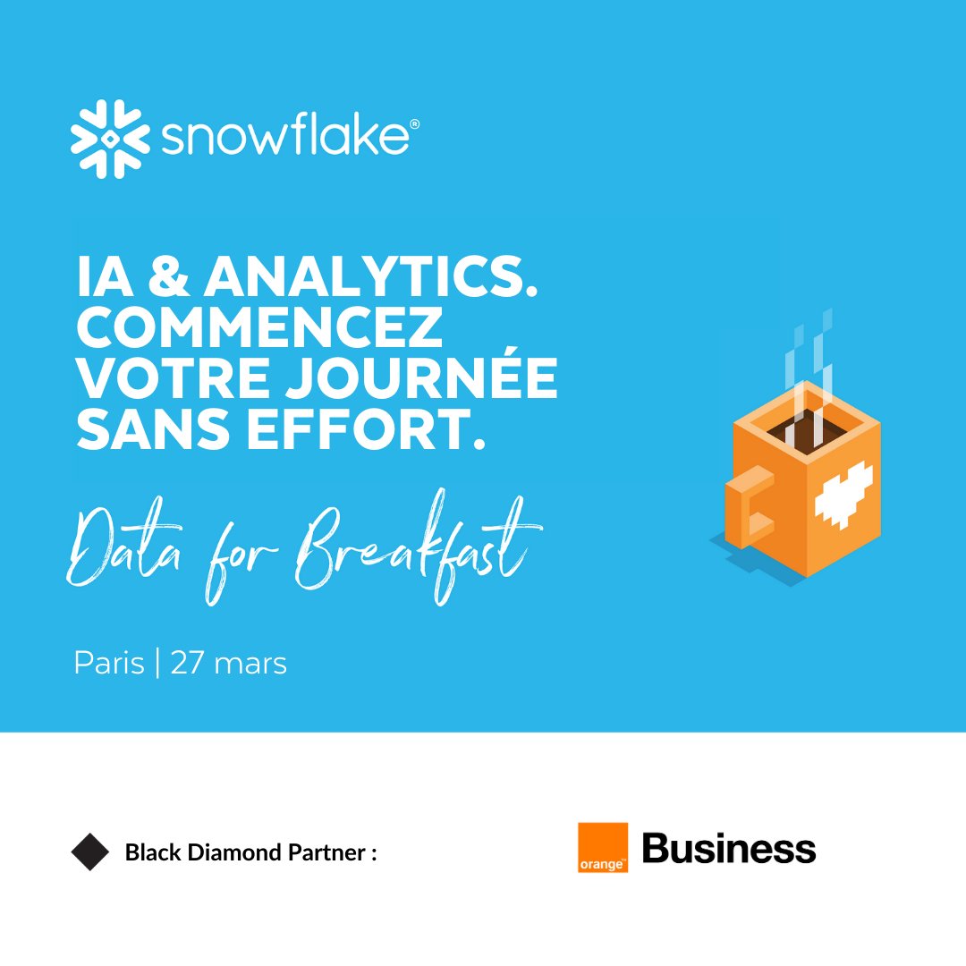 orangebusiness's tweet image. Le #DataForBreakfast☕ à Paris jeudi 27 mars 💥

✅ À 11h10 : Atelier &quot;La donnée au service de la maîtrise énergétique&quot;
✅ RDV sur notre stand pour échanger avec nos experts

🔗 snowflake.com/events/data-fo…

#DataForBreakfast #DataPlatform #Data #IA