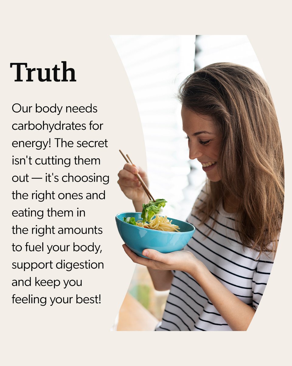 Myth-Busting Monday 
🚫 MYTH: “Carbs are the enemy.”
✅ TRUTH: Your body needs carbs for energy! The secret isn't cutting them out — it's choosing the right ones and eating them in the right amounts to fuel your body, support digestion and keep you feeling your best!"