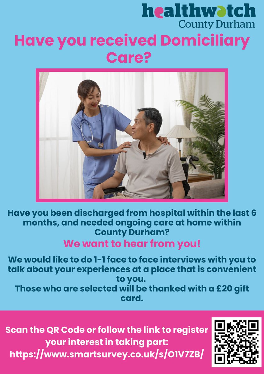 Had hospital treatment in the last 6 months and needed domiciliary care?
We'd like to interview you to gather your experiences in a place convenient to you. 
Get in touch here: smartsurvey.co.uk/s/O1V7ZB/