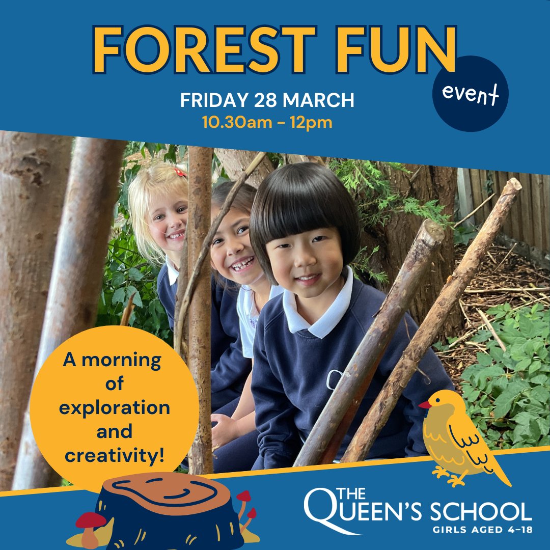 Last chance to register for our #Forest Fun event this Friday! Join us for a morning of adventure for girls aged 2-5 &amp; their families. Explore our outdoor environment, meet our wonderful staff &amp; current pupils, &amp; discover the Queen’s difference bit.ly/3WYgCM3?utm_so… #Register