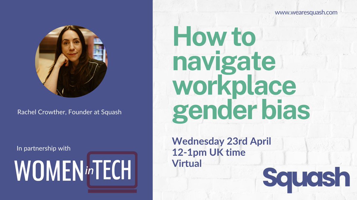 Let’s Squash gender bias in the workplace! 💪 

Join us for an interactive webinar with Squash and gain practical tools to spot and challenge bias. Walk away ready to boost your career confidence!

Sign up now: buff.ly/DN4AW9B 

#GenderBias #FreeWebinar #Workshop