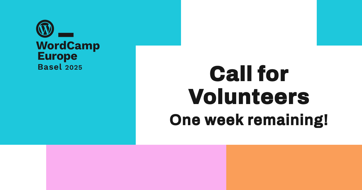 This is the final week to sign up and be part of WordCamp Europe 2025 Volunteer Team!
Connect, learn, and make a real impact in the WordPress community. 
Deadline: March 31st .
Sign up now and be part of something great!
#WCEU2025 #WordPress #Basel
bit.ly/4gOuvDv