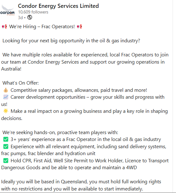 Licensed2trade's tweet photo. Fracing team immediate start in Queensland.  Condor have not tweeted recently any other activity in Queensland apart from Wilson. What have they found? #EME https://t.co/4xgFATMZ8G