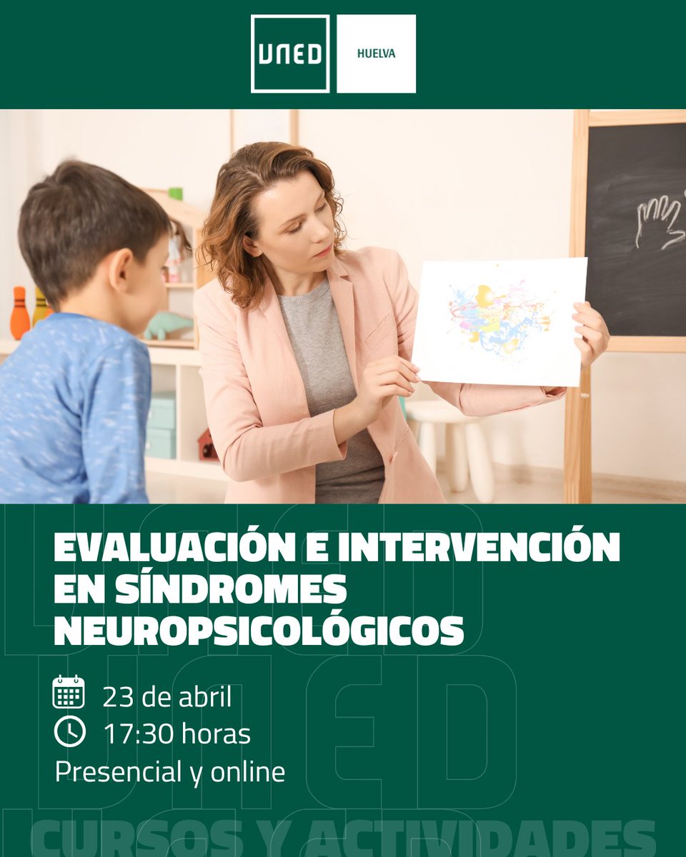 El 23 de abril tienes una cita en UNED Huelva con el curso “Evaluación e intervención en síndromes neuropsicológicos”, impartido por la Profesora Tutora Mónica Rosu.

Presencial o en línea (directo o diferido).

💻 Inscríbete aquí: extension.uned.es/actividad/idac…

#somosuned #unedhuelva