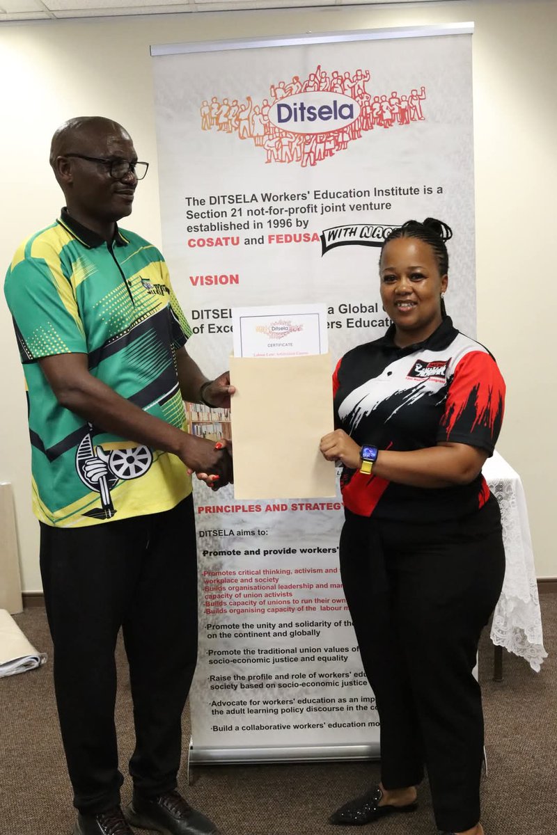 _cosatu's tweet photo. #COSATU affiliated trade unions completed Arbitration programme at #Ditsela Institute
#DITSELA #workerseducation #basebenzi #arbitration https://t.co/fbWwe5CEon
