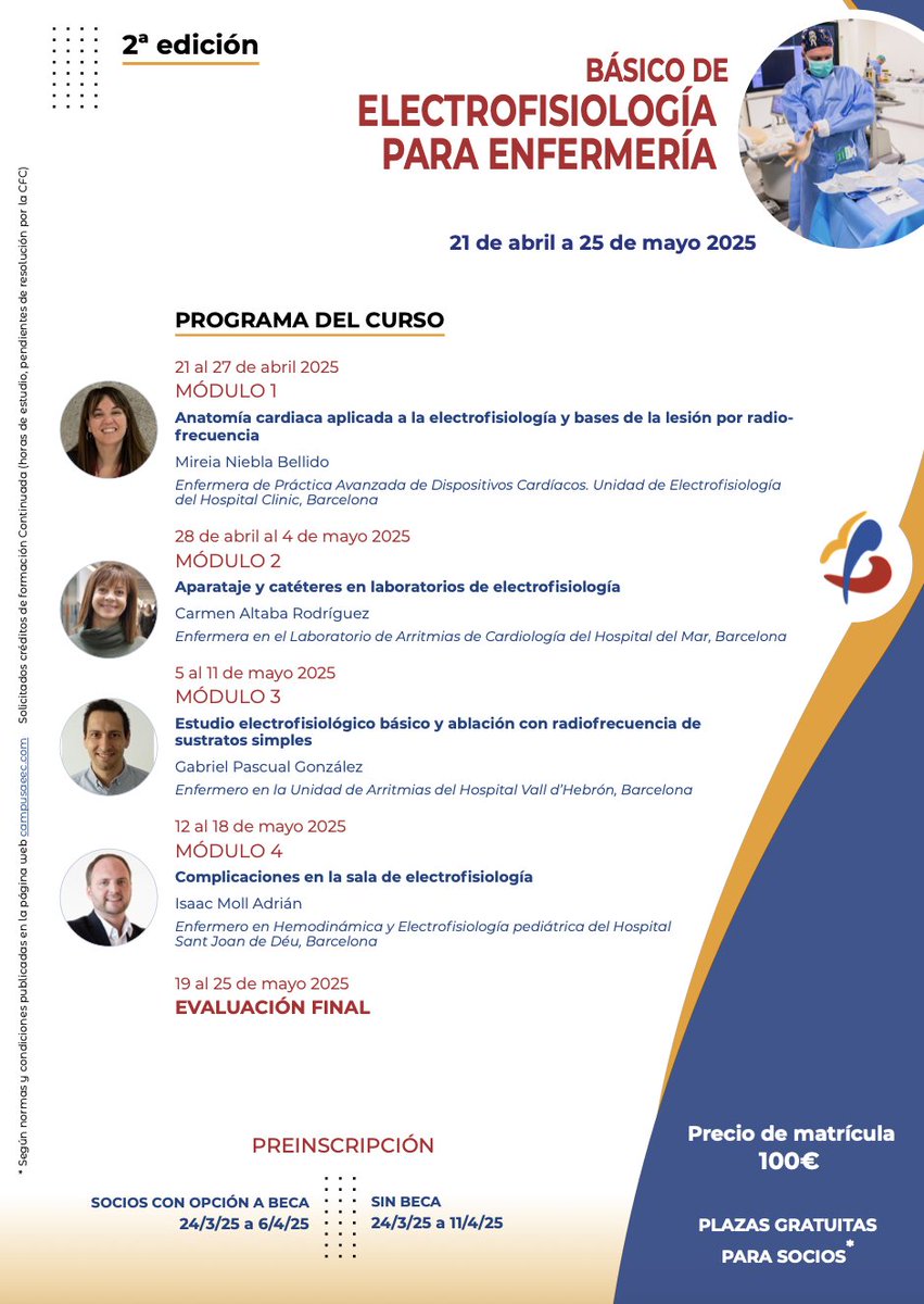 🚨 Abiertas las inscripciones para la 2ª edición del curso Básico de #electrofisiología para #enfermería

🔴 Preinscripción:
Socios con opción a beca: 24/03/25 - 06/04/25
Sin beca: 24/03/25 - 11/04/25
📚 Plazas gratuitas disponibles para socios

#AEEC #FormaciónSanitaria