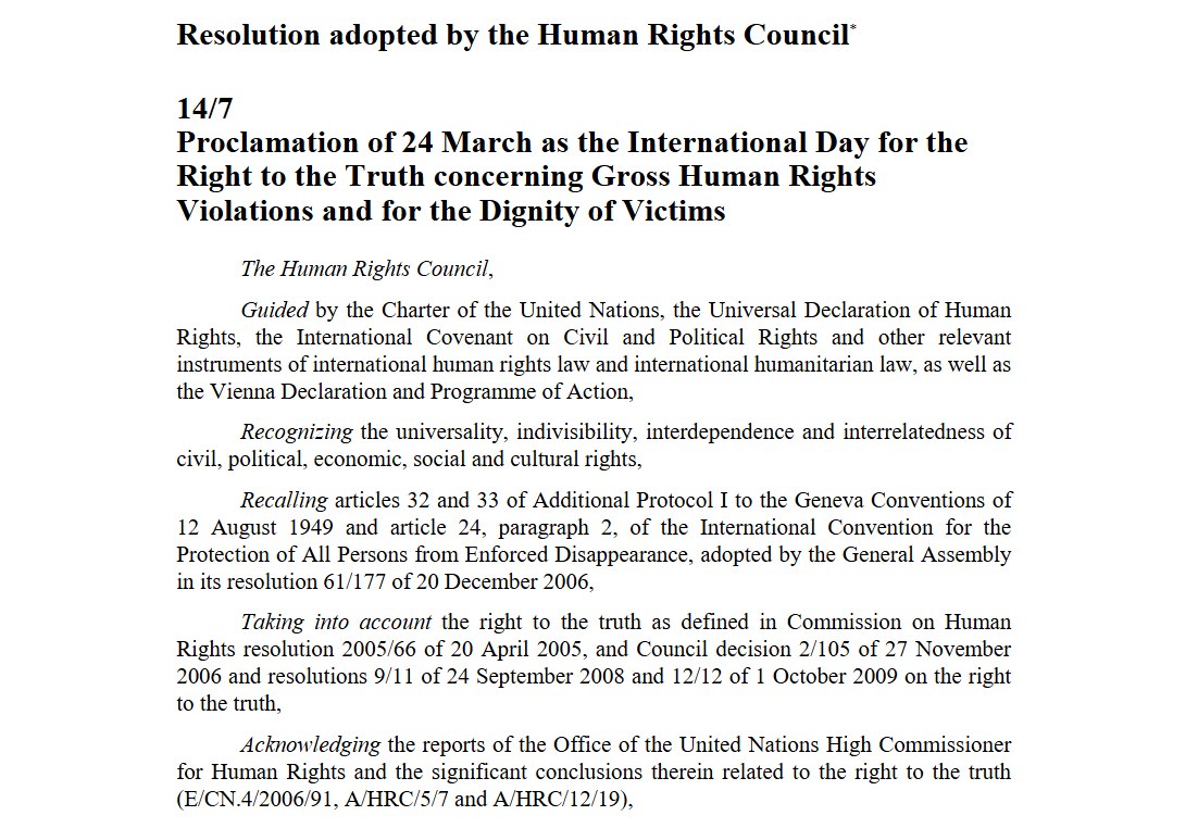 On the International Day for the Right to Truth concerning Gross Human Rights Violations and for the Dignity of Victims, the #WGEID recalls that States must adopt all measures to guarantee the individual and collective right to truth in relation to #enforceddisappearance.