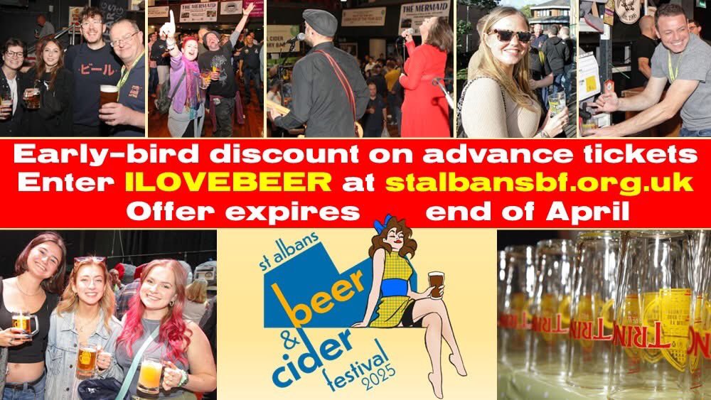 Tickets for September’s St Albans Beer &amp; Cider Festival are on sale now! For a limited time, there’s an extra 10% off with the discount code ILOVEBEER

Check out stalbansbf.org.uk for all the info you need to plan your visit