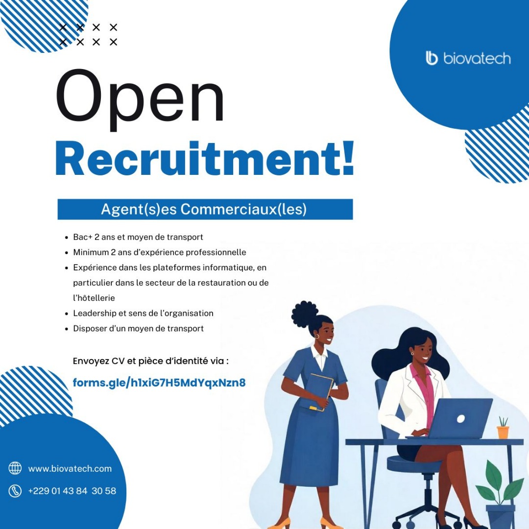 BiovaTech's tweet image. Recrutement d&apos;Agent(s)es Commerciaux(les) et ayant un moyen de déplacement
Secteur d’activité : Informatique, plateforme de livraison et de réservation intelligente auprès des restaurateurs et hôteliers locaux. 
Disponibilité : Immédiate
Comment postuler : forms.gle/h1xiG7H5MdYqxN…