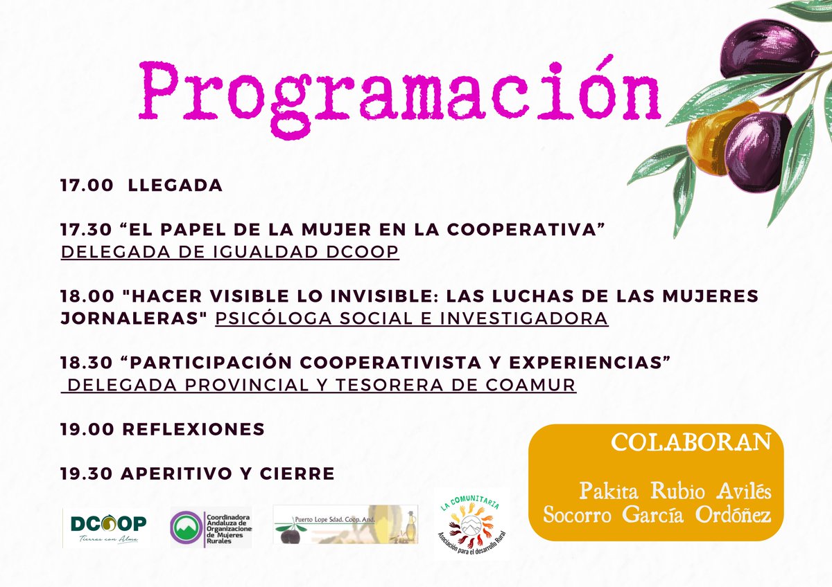 Celebración de una Mesa Redonda sobre «Mujer y Cooperativa» el próximo viernes 28 de marzo a partir de las 17 horas en la Cooperativa de Puerto Lope (Moclín-Granada)

Dirección  CRTA DE MONTEFRIO-PUERTO LOPE KM1