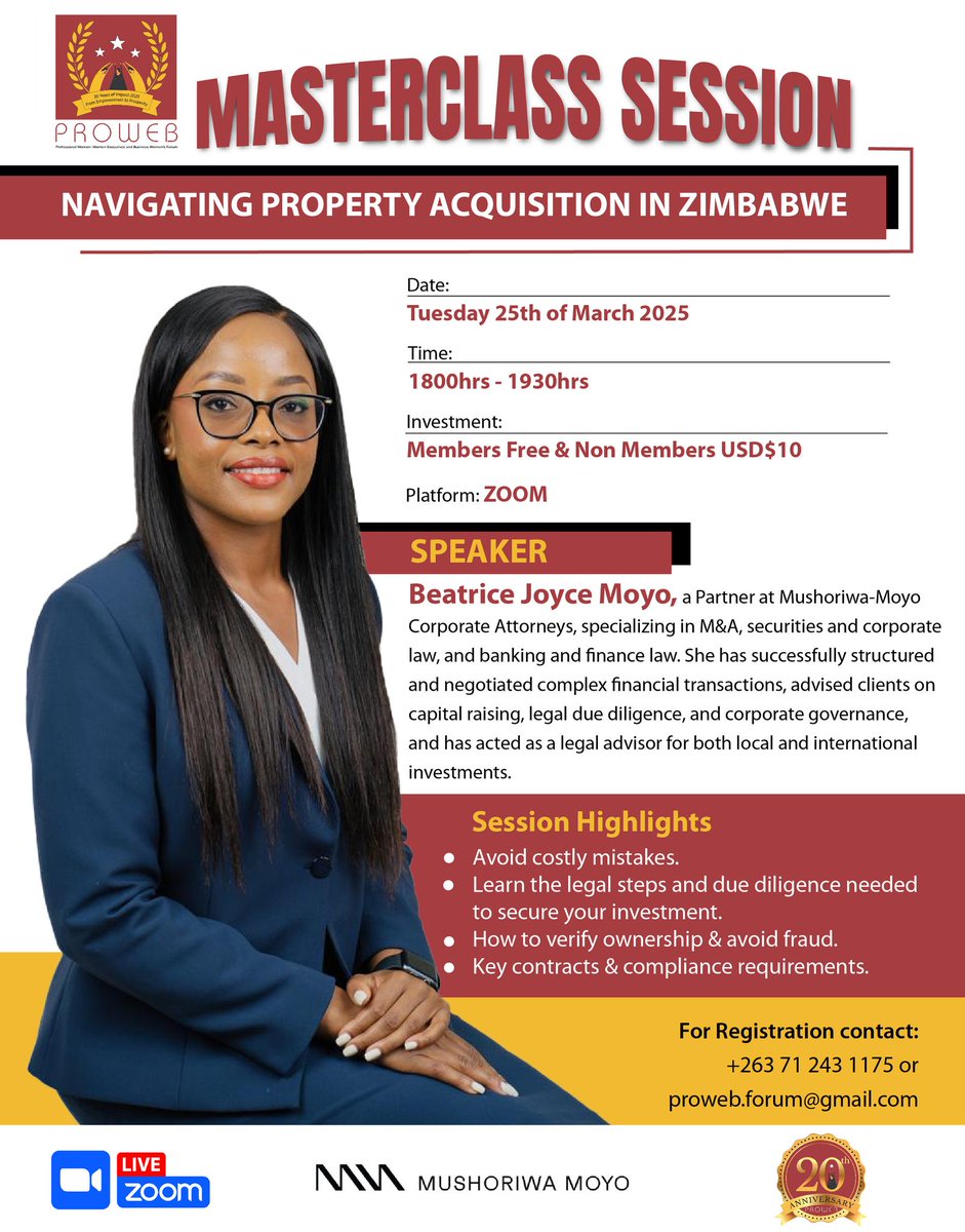 PROWEB (@proweb2005) on Twitter photo 🏡 Dreaming of Owning Property? Let’s Make It Happen—The Right Way
Join us TOMORROW for a Real Estate Masterclass on the legal processes & due diligence for a safe investment in Zimbabwe.
📅 25th March 2025 | 18:00hrs | Zoom
📩 Register: +263712431175 | proweb.forum@gmail.com 🏡 Dreaming of Owning Property? Let’s Make It Happen—The Right Way
Join us TOMORROW for a Real Estate Masterclass on the legal processes & due diligence for a safe investment in Zimbabwe.
📅 25th March 2025 | 18:00hrs | Zoom
📩 Register: +263712431175 | proweb.forum@gmail.com