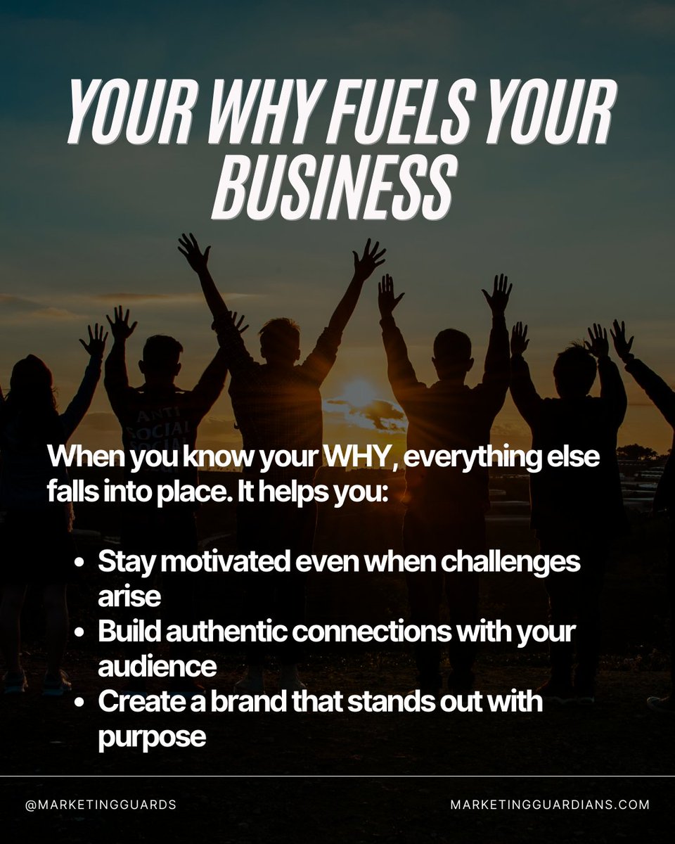 MarketingGuards's tweet photo. Your WHY is what makes your business unique, meaningful, and sustainable. Take time to define it, embrace it, and use it to drive your success.

Drop your WHY in the comments! What drives your business forward? 👇

#findyourwhy #brandpurpose https://t.co/ryE8qrfmdu