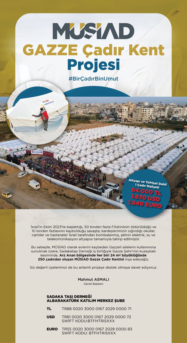 MÜSİAD Gazze Çadır Kent Projesi hayata geçiyor.

İsrail'in Ekim 2023'te başlattığı, 50 binden fazla Filistinlinin öldürüldüğü ve 10 binden fazlasının kaybolduğu savaşta; kardeşlerimizin sığındığı okullar, camiler ve hastaneler İsrail tarafından bombalanmış, şehrin elektrik, su ve