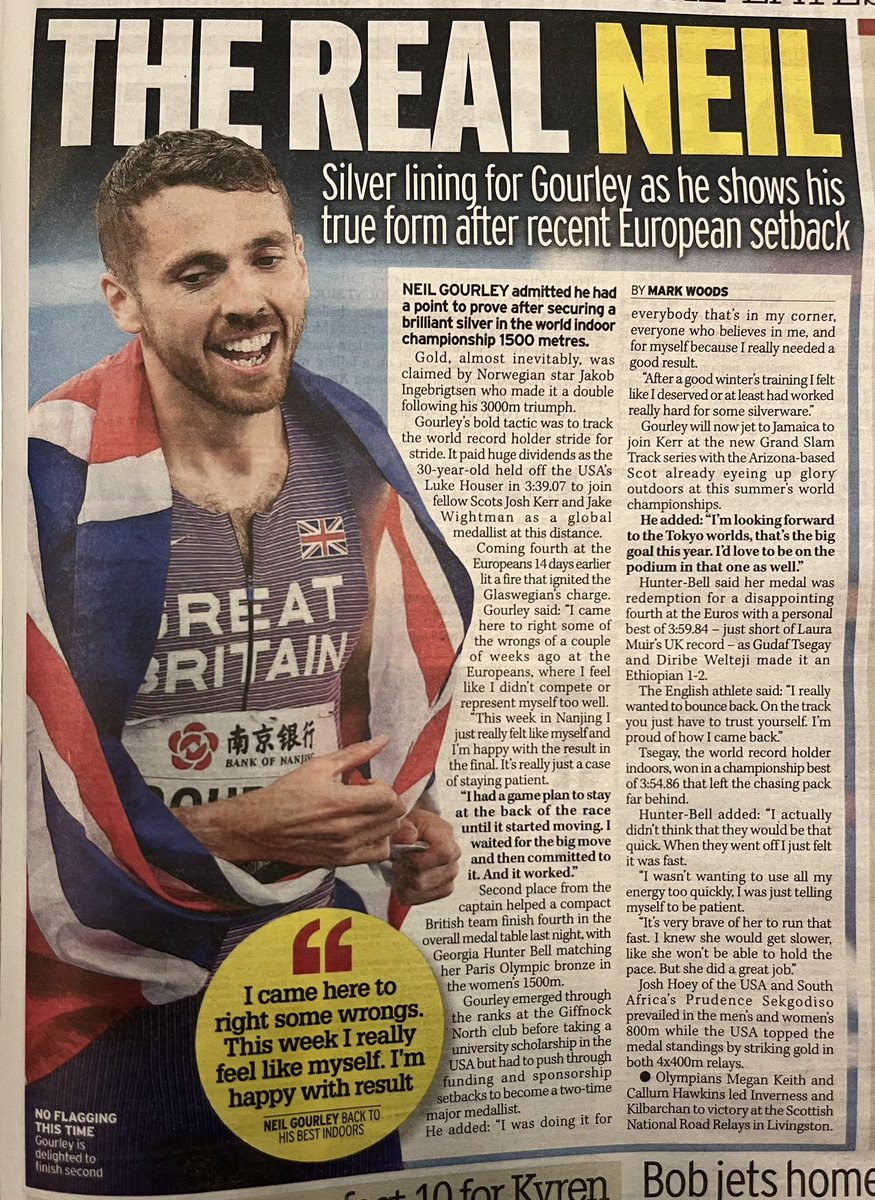 MAKING HEADLINES 
#SALtogether
Great to see coverage for <a href="/Neil_Gourley/">Neil Gourley</a> today after World Indoors medal moment 🥈👏
Here’s <a href="/Record_Sport/">Daily Record Sport</a> <a href="/Daily_Record/">The Daily Record</a> <a href="/markbritball/">Mark Woods</a> 👍
<a href="/gnaac1/">Giffnock North A.C.</a> <a href="/SALChiefExec/">SALChiefExec</a> <a href="/OvensDavid/">David Ovens</a> <a href="/HAASruns/">Stephen HAAS</a> <a href="/WightmanGeoff/">Geoff Wightman</a> <a href="/EilidhDoyle/">Eilidh Doyle</a> <a href="/lbirchall/">Liz Birchall</a> <a href="/TimAdams76/">Tim Adams</a>