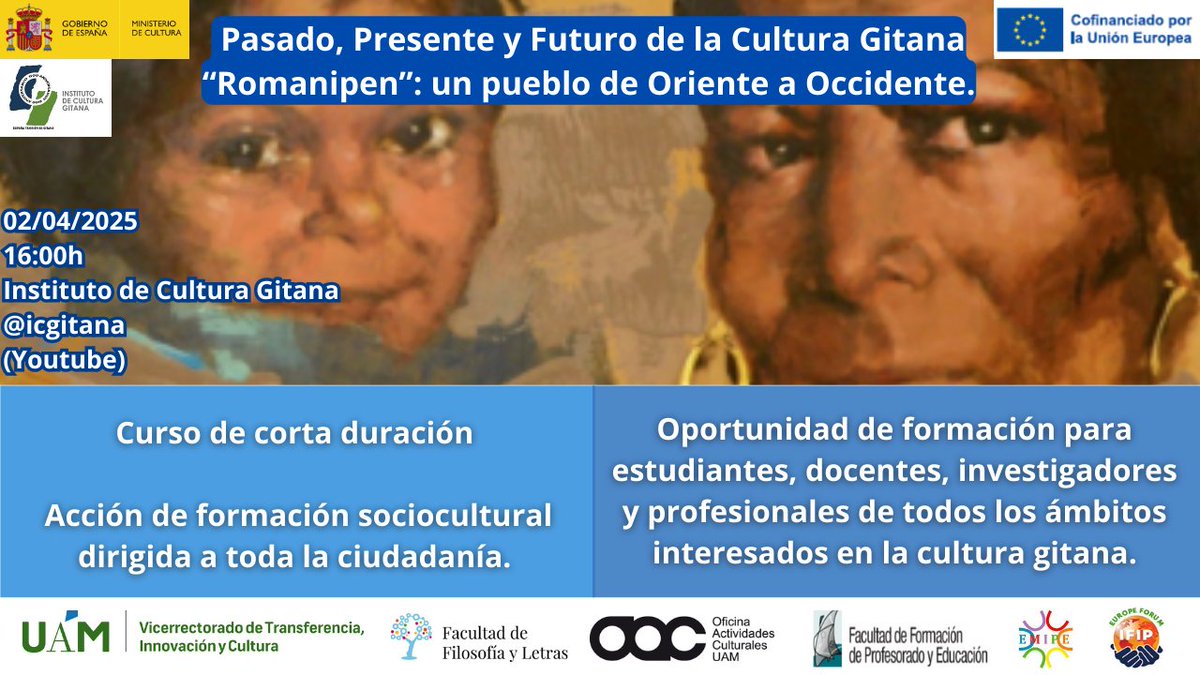 Para finalizar el curso Romanipen, tendremos un conversatorio sobre el Proyecto de Ley Orgánica Estatuto Cultural del Pueblo Gitano, con representantes de todos los partidos políticos.
<a href="/UAM_Madrid/">UAM Autónoma Madrid</a>
<a href="/FaculEDUAM/">FACULTAD DE FORMACIÓN DEL PROFESORADO Y EDUCACIÓN</a> 
<a href="/FyL_UAM/">Filosofía y Letras | UAM</a>
<a href="/I_CulturaGitana/">Instituto de Cultura Gitana</a>
<a href="/culturagob/">Ministerio de Cultura</a>

🛜: youtube.com/live/uf0QUCjEM…