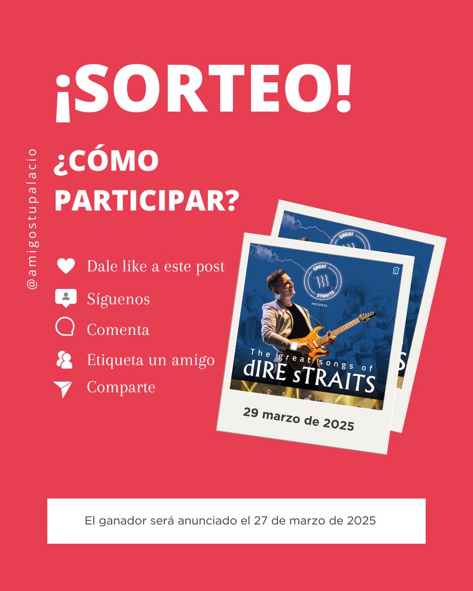 #SORTEO 🌸🎸hasta el 26/03
2 🎟️<a href="/gREAT_sTRAITS/">gREAT sTRAITS</a> The Great Songs of Dire Straits

✅ Sigue <a href="/AmigosTuPalacio/">Amigos de Tu Palacio</a>
✅ Menciona 2 amigos 🎯
✅ RT 🔁 y responde: 📌 ¿Cómo se llama la tiquetera oficial con la que trabaja #AmigosdeTuPalacio? 🤔

📢Ganador 27/03 por DM
📜bit.ly/4hDC2pe