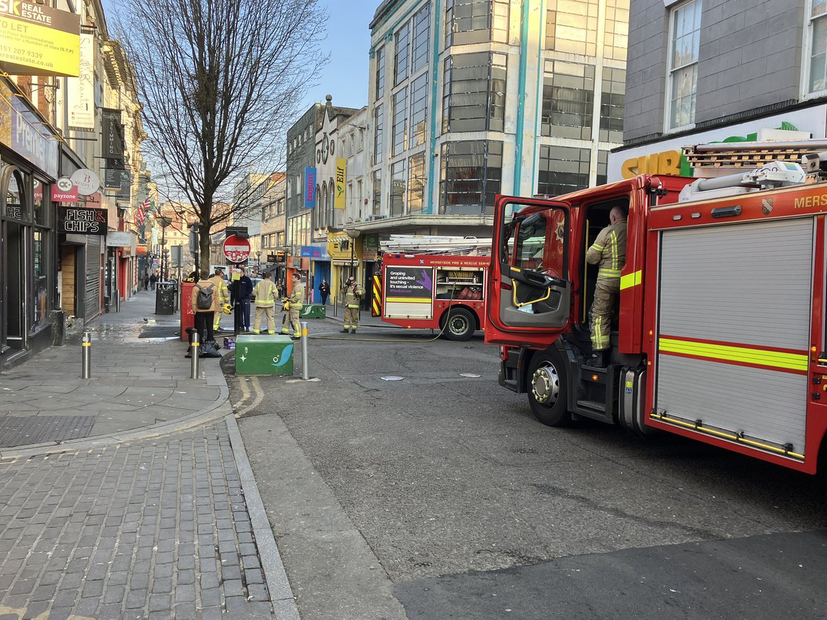 ESV911's tweet photo. Fire Bold Street Liverpool this morning Merseyside Fire &amp; Rescue swiftly dealt with a small quantity of rubbish on fire in the shop front #Liverpool https://t.co/P1lrVMQnQC