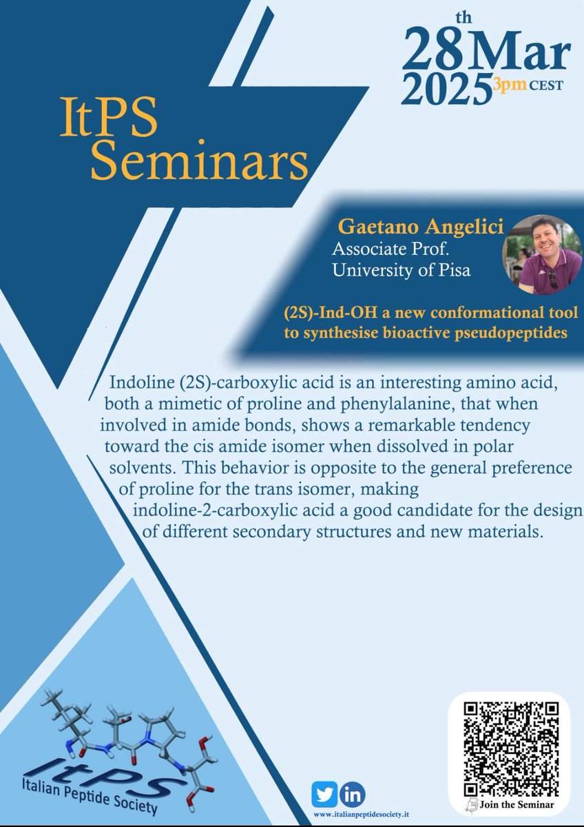 Don’t miss our next #itps #seminar! Friday 28th prof. Angelici from University of Pisa will talk about #pseudopeptides.
Here below all the details 👇👇👇👇