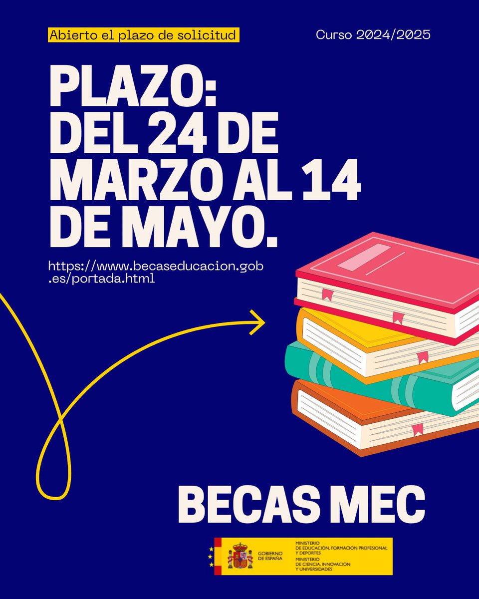📢 ¡Atención estudiantes! 🎓

El plazo para solicitar las Becas MEC 2025/2026 ya está abierto. 📝

¡No dejes pasar esta oportunidad y asegura tu futuro académico! 💡

Solicitar beca: becaseducacion.gob.es/portada.html

#BecasMEC #Educación #Estudios #Futuro #Oportunidad #Becas2025