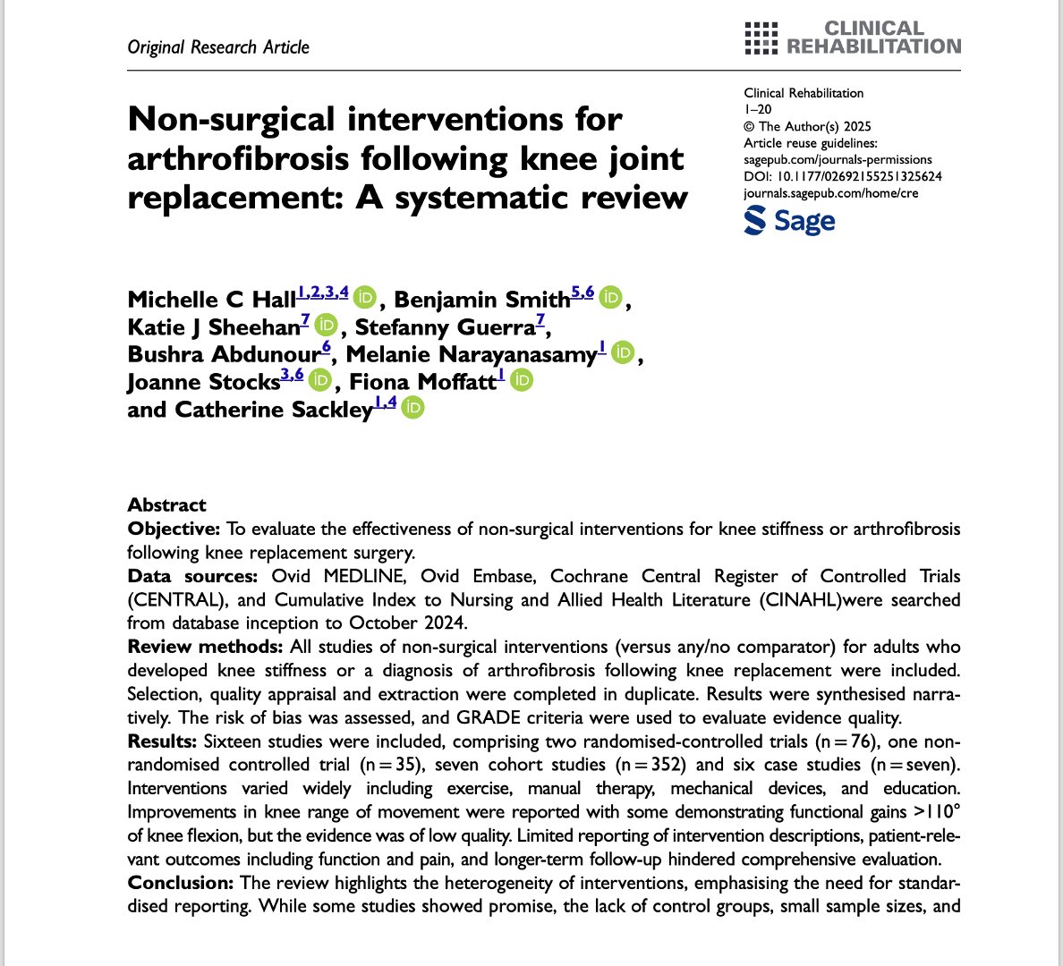 Dr Joanne Stocks (@jostocks) on Twitter photo Our systematic review of non-surgical interventions for arthrofibrosis following knee joint replacement has just been published in <a href="/ClinicalRehab/">Clinical Rehab</a>.
We found a lack of evidence to support any specific interventions for arthrofibrosis post-arthroplasty.
💻doi.org/10.1177/026921… Our systematic review of non-surgical interventions for arthrofibrosis following knee joint replacement has just been published in <a href="/ClinicalRehab/">Clinical Rehab</a>.
We found a lack of evidence to support any specific interventions for arthrofibrosis post-arthroplasty.
💻doi.org/10.1177/026921…