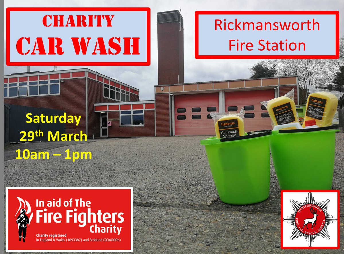 Come and say "Hi" to the Rickmansworth Fire crew while getting your car washed this Saturday at the Fire Station between 10am - 1pm.  All the family welcome 🚒.  

Donations will go to The Fire Fighters Charity who look after serving £ retired Firefighters and their families. 🙏🏼