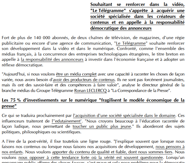 #DansLaCorres Souhaitant se renforcer dans la vidéo, « Le Télégramme » s'apprête à acquérir une société spécialisée dans les créateurs de contenus et en appelle à la responsabilité démocratique des annonceurs. #Médias