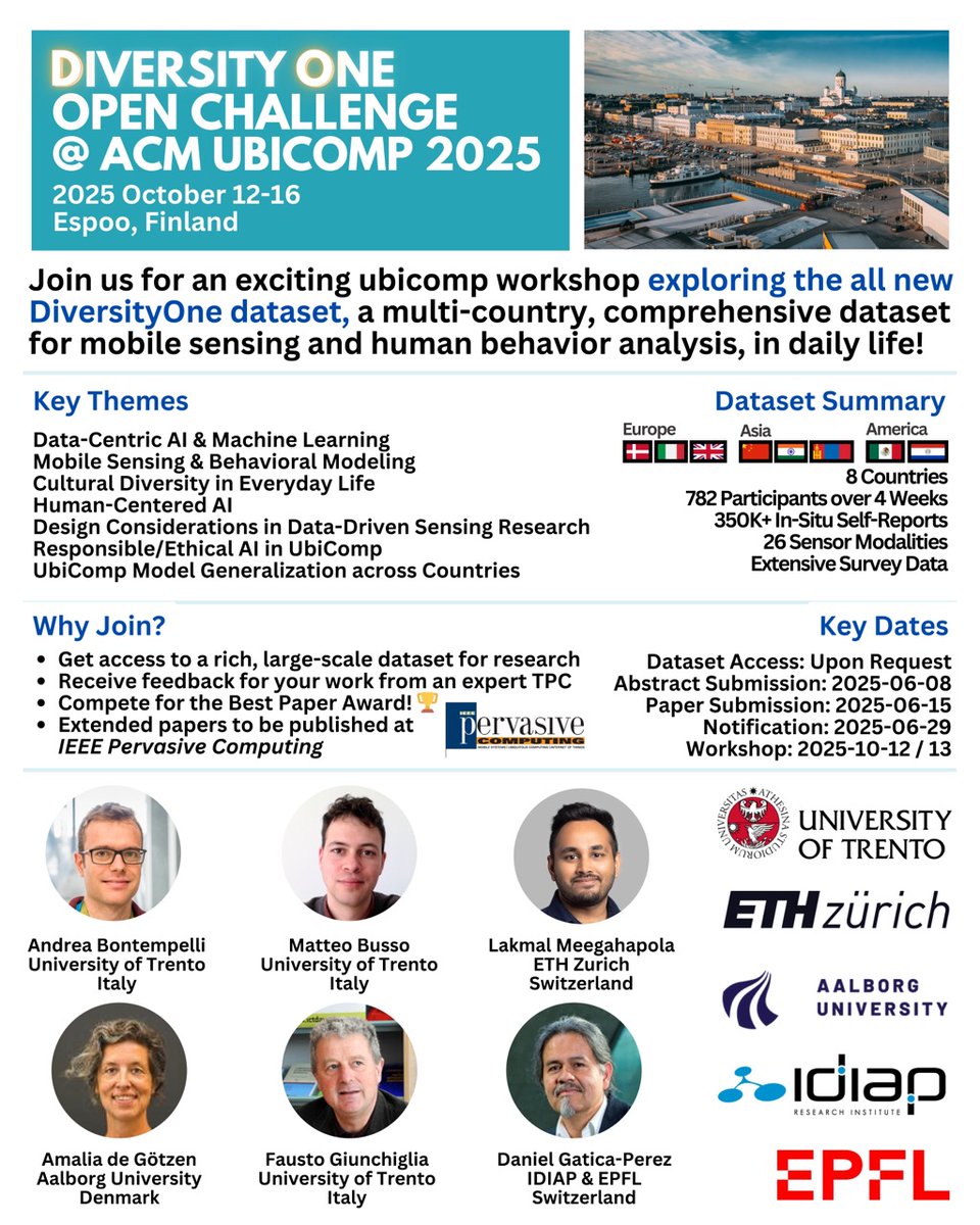 Lakmal Meegahapola (@lakmalbuddika) on Twitter photo ๐ Call For Papers ๐ for #DiversityOne Open Challenge at ACM <a href="/ubicomp/">UbiComp</a> 2025. The conference is to be held in Espoo, Finland in October 2025.
โน๏ธ More details about the workshop, submissions, and the dataset: datascientiafoundation.github.io/diversityone-2โฆ
๐ค The open challenge aims to let participants ๐ Call For Papers ๐ for #DiversityOne Open Challenge at ACM <a href="/ubicomp/">UbiComp</a> 2025. The conference is to be held in Espoo, Finland in October 2025.
โน๏ธ More details about the workshop, submissions, and the dataset: datascientiafoundation.github.io/diversityone-2โฆ
๐ค The open challenge aims to let participants