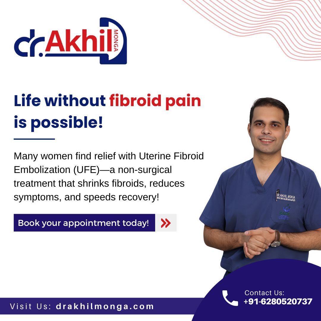 Say goodbye to fibroid pain without surgery! Uterine Fibroid Embolization (UFE) helps shrink fibroids, relieve symptoms, and ensure a faster recovery. 💙✨

Book your appointment today! Visit drakhilmonga.com or call +91-6280520737.

#FibroidTreatment #UFE #WomensHealth