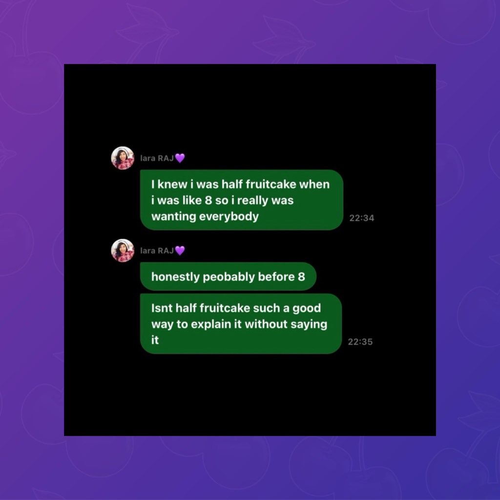 PopBase's tweet image. KATSEYE’s Lara comes out as queer via Weverse:

“I knew i was half fruitcake when i was like 8 so i really was wanting everybody. Honestly probably before 8. Isn’t “half fruitcake” such a good way to explain it without saying it?”