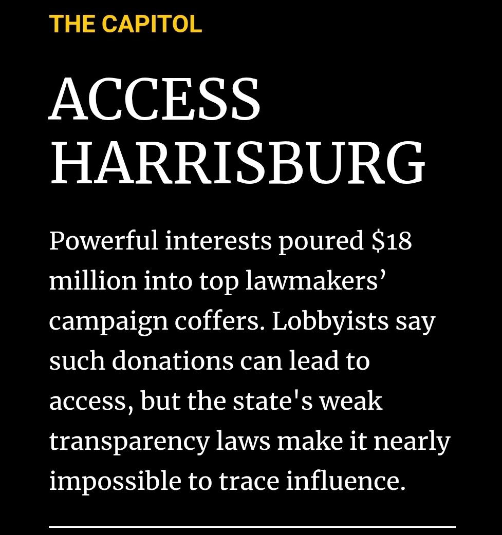 StephenJ_Caruso's tweet image. Hi folk. Maybe you realized I've been slow on stories so far this year. That's because for the past three months, I poured over the last two years of campaign contributions to the governor and top state legislative leaders. And @SpotlightPA has the first of those findings today.