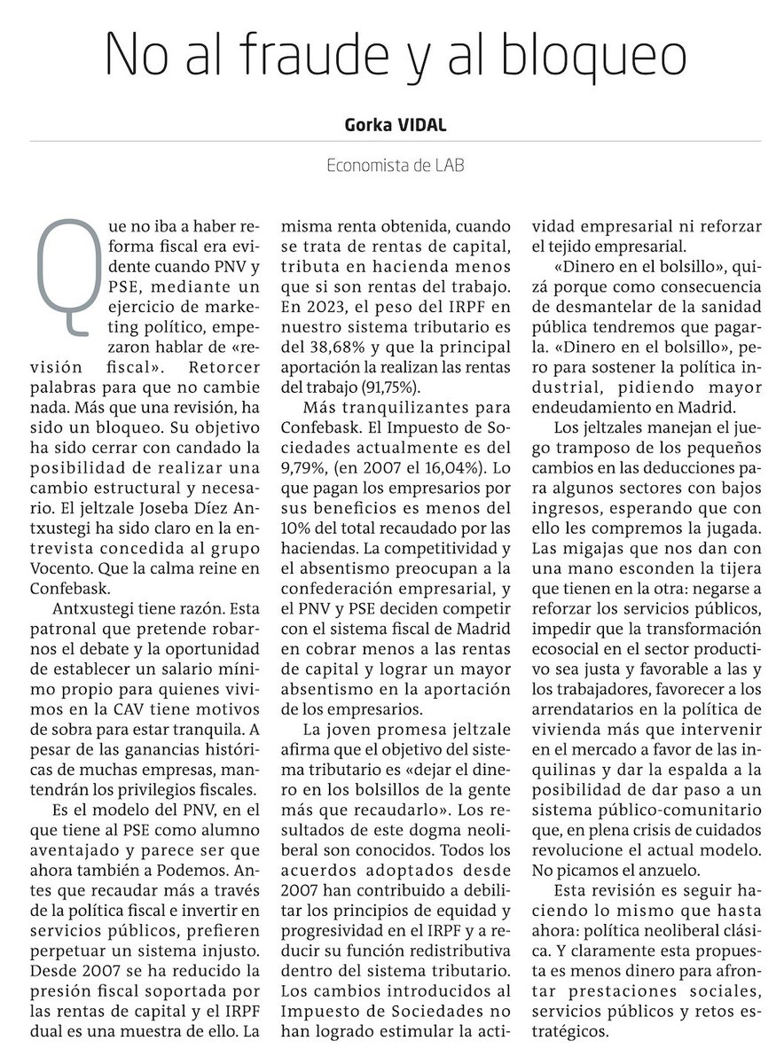 ❝Las migajas que nos dan con una mano esconden la tijera que tienen en la otra: negarse a reforzar los servicios públicos, impedir que la transformación ecosocial en el sector productivo sea justa y favorable❞🖊 Gure kidea den Gorka vidal gaurko <a href="/naiz_iritzia/">naiz iritzia</a> .n