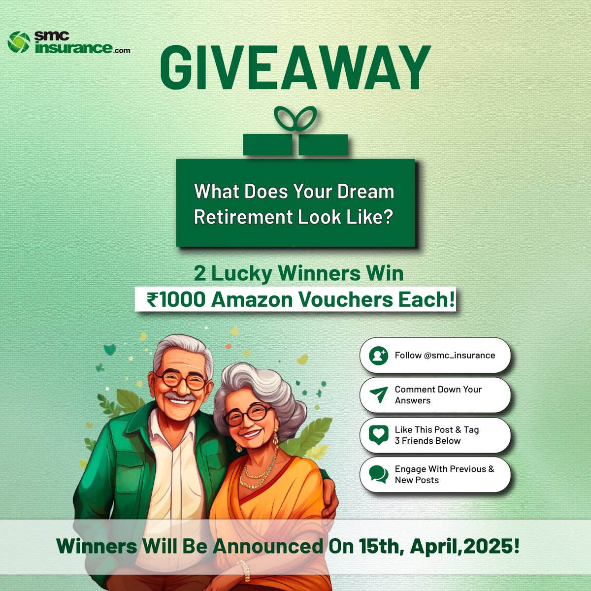 Insurance Seekho by SMC (@smc_insurance) on Twitter photo ✨ Dreaming of Your Perfect Retirement? ✨
Tell us — What does your dream retirement look like?🌴🏡
We’re giving away ₹10,000 vouchers to 2 lucky winners with the best answers on planning a healthy and happy retirement! 🎁
Here’s how to enter:
1️⃣ Follow <a href="/smc_insurance/">Insurance Seekho by SMC</a>
2️⃣ ✨ Dreaming of Your Perfect Retirement? ✨
Tell us — What does your dream retirement look like?🌴🏡
We’re giving away ₹10,000 vouchers to 2 lucky winners with the best answers on planning a healthy and happy retirement! 🎁
Here’s how to enter:
1️⃣ Follow <a href="/smc_insurance/">Insurance Seekho by SMC</a>
2️⃣