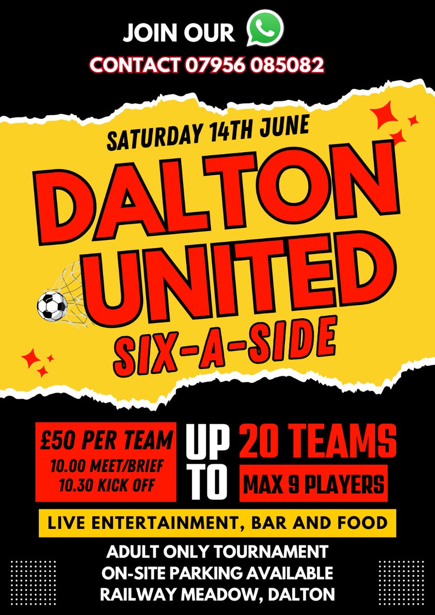 daltonunitedfc's tweet photo. Following the success of last year’s tournament, we are really excited to welcome back our Meadow Sixes competition at the club on Saturday 14th June.

🎶🎤 Live Music (Evening)
🍺🍔 Bar and Hot Food
⚽️🥅 20-team football tournament https://t.co/ItcTLT6UhF