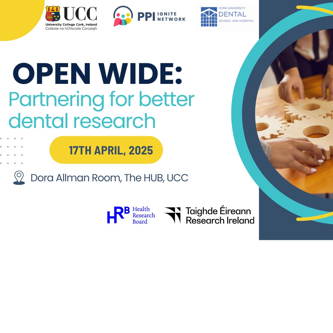 📢 Registration now open: Open Wide: Partnering for Better Dental Research- shorturl.at/jeb5P🦷

A one-day, in-person event on #PPI in #dentalresearch!
🗓️17th Apr, 10am-2.30pm 
📍The Hub, #UCC

Co-hosted by PPI Ignite Network@ UCC &amp; Cork University Dental School &amp; Hospital