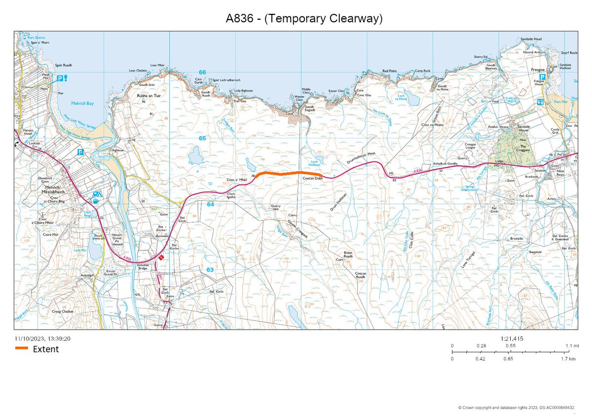 Temporary clearway will be in effect on the A836 Tongue - John O' Groats Road from a point 1150 meters east of the U1807 Bighouse road junction to a point 1000 metres west of the Layby at Drumhollistan, from 07:00 on 01 April 2025 to 18:00 on 09 November 2025.