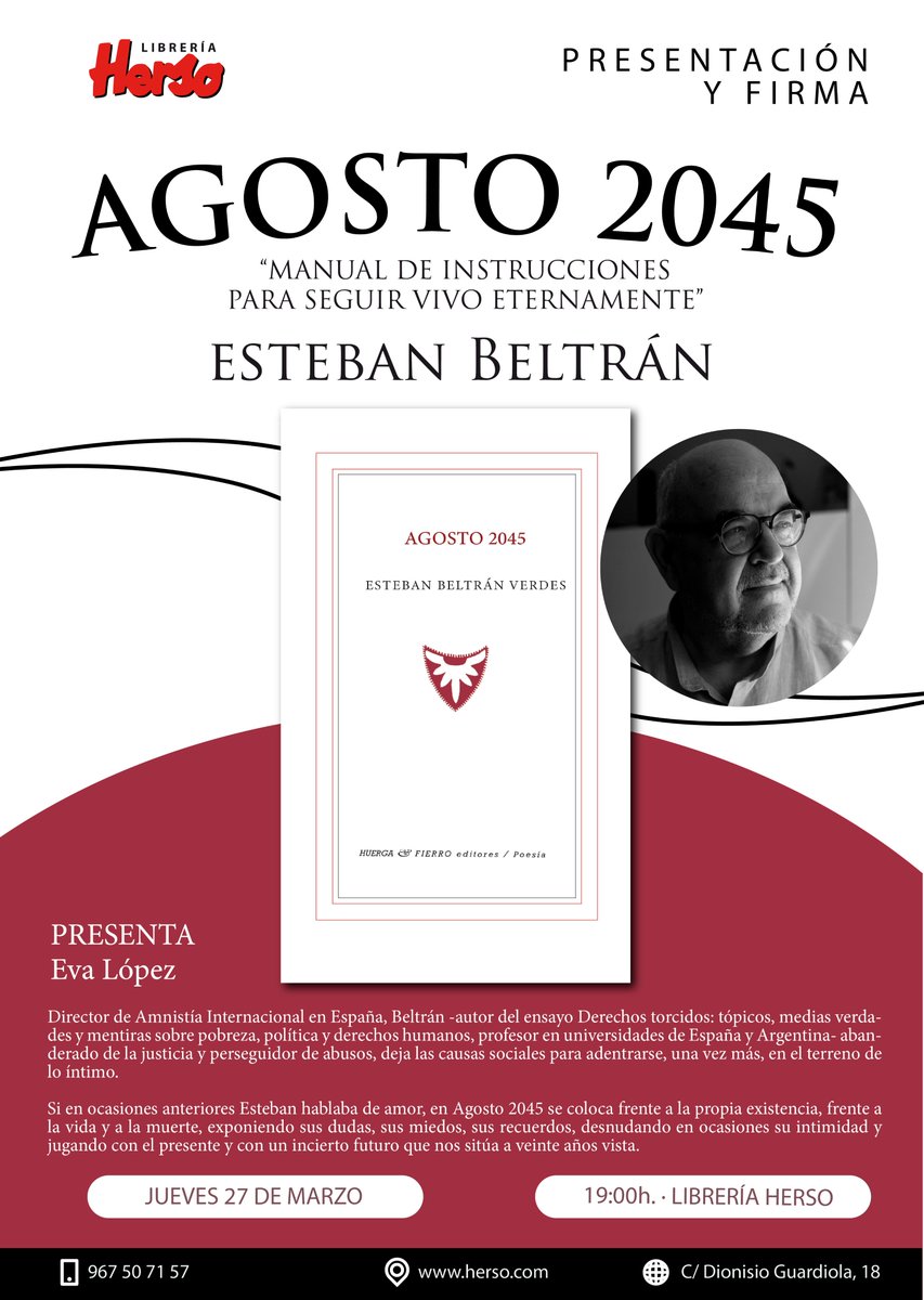 Y tras León, esta semana damos el salto a Albacete. El jueves 27, presentamos 'Agosto 2045' en la librería Herso, de la mano de la librera y poeta, Eva López.

Ya sabéis, si andáis por allí, no os lo perdáis.

#poesia #HuergayFierro #Unarayuelalírica #Unlibropoliédrico