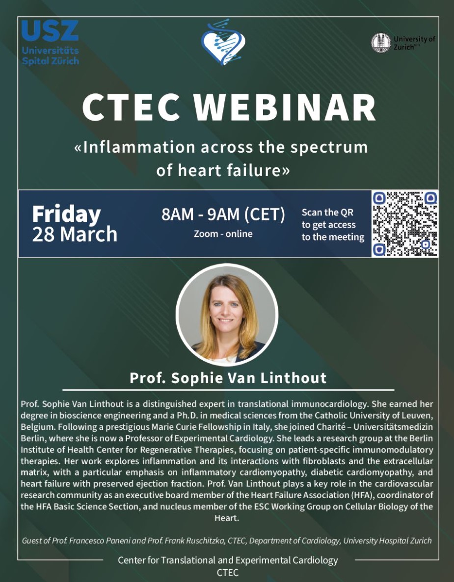 CTEC - Zurich University Heart Center (@ctecresearch) on Twitter photo 📢 We are pleased to host Prof. Sophie Van Linthout from the <a href="/ChariteBerlin/">Charité - Universitätsmedizin Berlin</a> for our upcoming CTEC Webinar Series this Friday! Join us on Zoom and tune in for the latest insights on the role of inflammation across the spectrum of heart failure.
🔗lnkd.in/eNWQbRQq 📢 We are pleased to host Prof. Sophie Van Linthout from the <a href="/ChariteBerlin/">Charité - Universitätsmedizin Berlin</a> for our upcoming CTEC Webinar Series this Friday! Join us on Zoom and tune in for the latest insights on the role of inflammation across the spectrum of heart failure.
🔗lnkd.in/eNWQbRQq